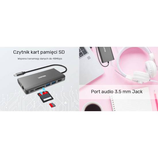 Hub USB-C -> USB x2 HDMI 4K VGA RJ45 PD czytnik SD audio Unitek D1019B