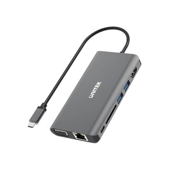 Hub USB-C -> USB x2 HDMI 4K VGA RJ45 PD czytnik SD audio Unitek D1019B