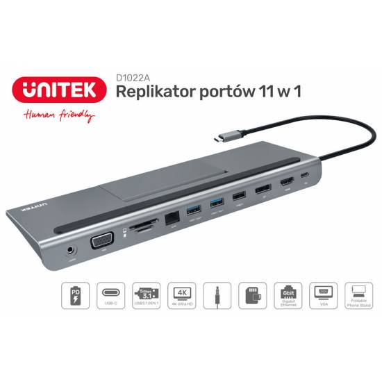Hub USB-C -> replikator portów 11w1 Unitek D1022A