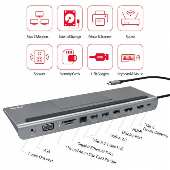 Hub USB-C -> replikator portów 11w1 Unitek D1022A