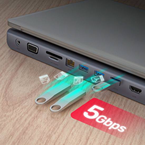 Hub USB-C -> USB x3 HDMI 4K VGA RJ45 PD czytnik SD audio Unitek D1022B