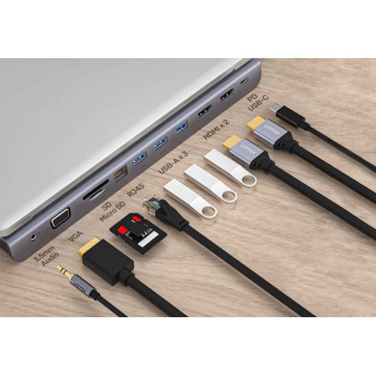 Hub USB-C -> USB x3 HDMI 4K VGA RJ45 PD czytnik SD audio Unitek D1022B