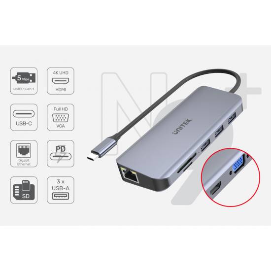 Hub USB-C -> USB 3.1 x3 PD HDMI SD VGA RJ45 Unitek D1026B