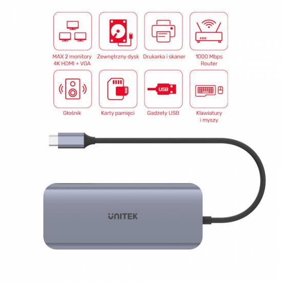 Hub USB-C -> USB 3.1 x3 PD HDMI SD VGA RJ45 Unitek D1026B