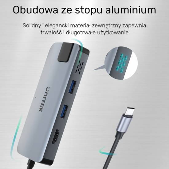 Hub USB-C -> USB 3.1 x2 HDMI 4k RJ45 PD Unitek D1028A