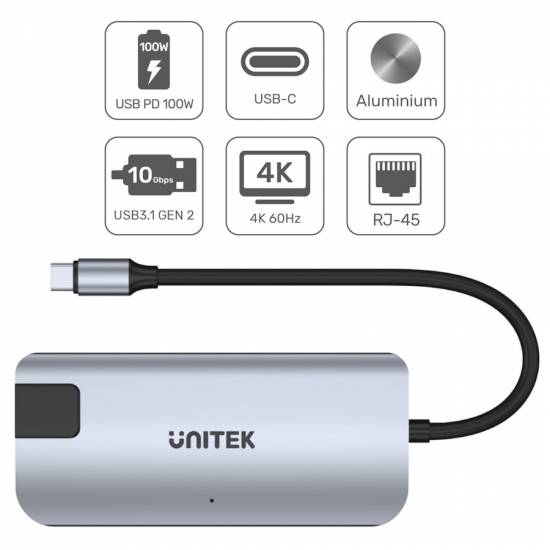 Hub USB-C -> USB 3.1 x2 HDMI 4k RJ45 PD Unitek D1028A