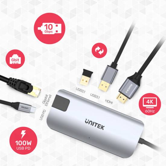 Hub USB-C -> USB 3.1 x2 HDMI 4k RJ45 PD Unitek D1028A