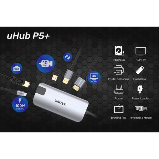 Hub USB-C -> USB 3.1 x2 HDMI 4k RJ45 PD Unitek D1028A