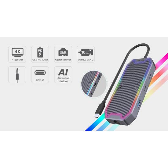 Hub USB-C -> USB 3.1 x2 USB-C x2 HDMI RJ45 audio PD 100W 10Gbps Unitek D1029A