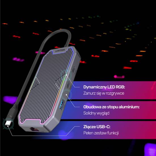 Hub USB-C -> USB 3.1 x2 USB-C x2 HDMI RJ45 audio PD 100W 10Gbps Unitek D1029A