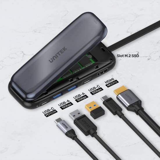 Hub USB-C -> USB 3.1 x2 USB-C x2 10Gbps PD 100W slot M.2 HDMI 4K Unitek D1046A