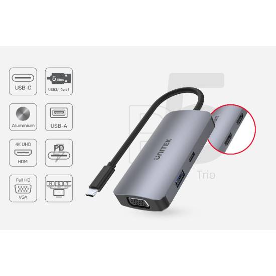 Hub USB-C -> USB 3.1 x1 VGA 2xHDMI PD 100W MST Unitek D1051A