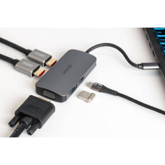 Hub USB-C -> USB 3.1 x1 VGA 2xHDMI PD 100W MST Unitek D1051A