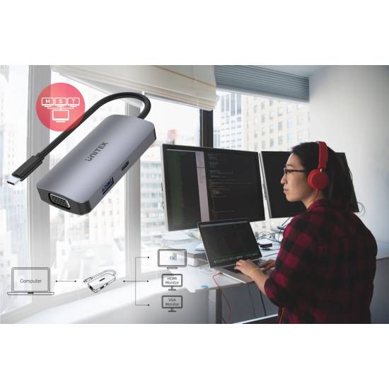 Hub USB-C -> USB 3.1 x1 VGA 2xHDMI PD 100W MST Unitek D1051A