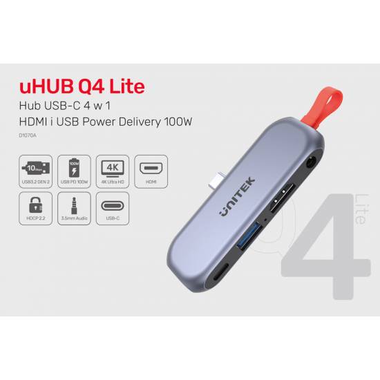 Hub USB-C -> USB 3.1 10Gbps plus PD 100W HDMI 4K audio Unitek D1070A