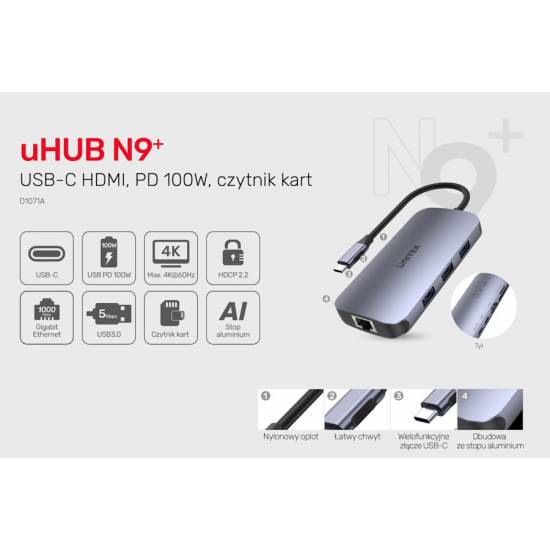 Hub USB-C -> USB 3.1 x3 czytnik SD Gigabit PD 100W HDMI Unitek D1071A