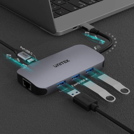 Hub USB-C -> USB 3.1 x3 czytnik SD Gigabit PD 100W HDMI Unitek D1071A