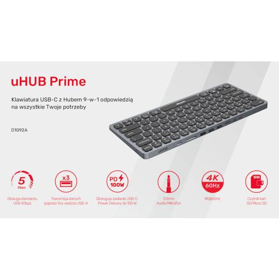 Klawiatura USB-C multiport 9w1 HDMI 4K czytnik kart SD audio PD 100W Unitek D1092A