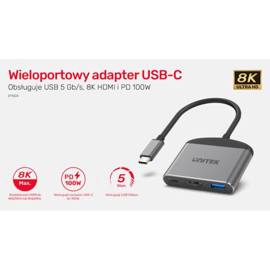 Hub USB-C -> USB 3.0 HDMI 8K USB-C PD 100W Unitek D1102A
