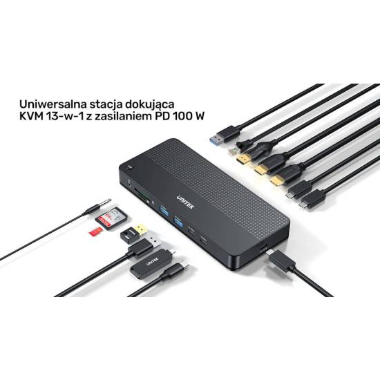 Przełącznik KVM USB-C 2xPC 2xHDMI 1xDP 3xUSB SD/micro SD PD 100W Unitek D1103A01