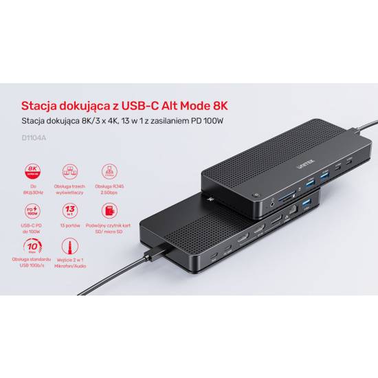 Stacja dokująca USB-C 13w1 MST HDMI DisplayPort 8K PD 100W Unitek D1104A01