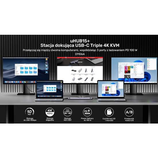 Stacja dokująca multiport KVM USB-C HDMI x2 DP x1 MST PD 100W Unitek D1106AGY01