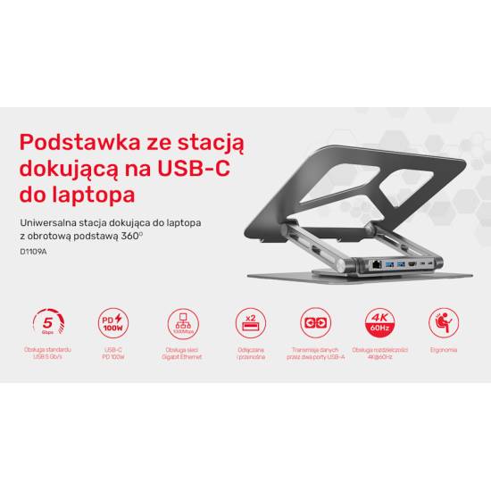 Podstawka pod laptop składana obrotowa USB-C HDMI PD 100W Unitek D1109A