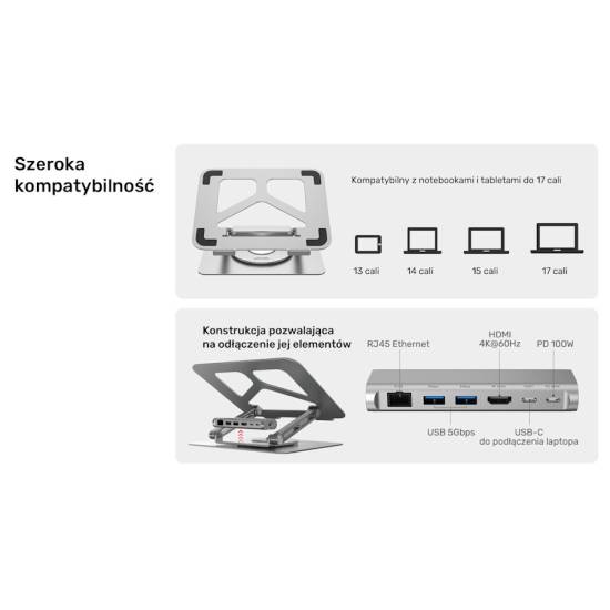 Podstawka pod laptop składana obrotowa USB-C HDMI PD 100W Unitek D1109A