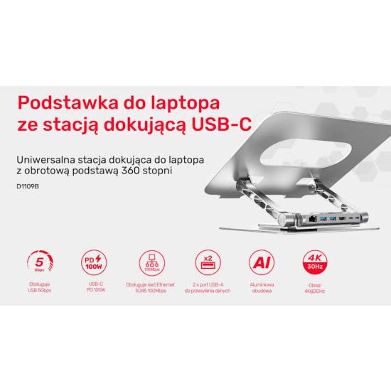 Podstawka pod notebooka z odłączanym hubem USB-C HDMI 4K PD 100W Unitek D1109B01