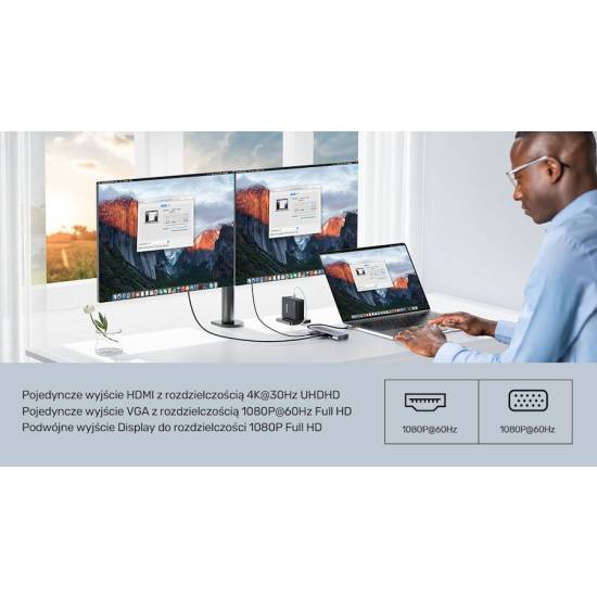 Hub USB-C -> USB 3.0 x2 HDMI VGA RJ45 czytnik SD microSD Unitek D1113A