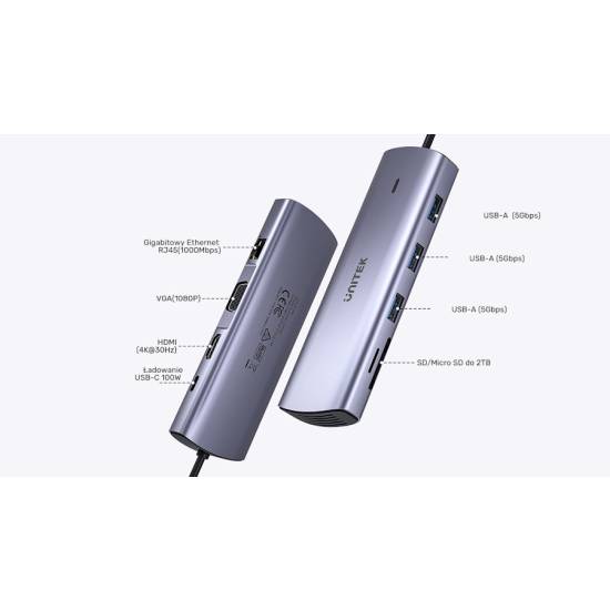 Hub USB-C -> USB 3.0 x2 HDMI VGA RJ45 czytnik SD microSD Unitek D1113A