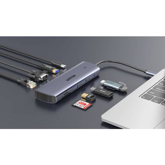Hub USB-C -> USB 3.0 x2 HDMI VGA RJ45 czytnik SD microSD Unitek D1113A