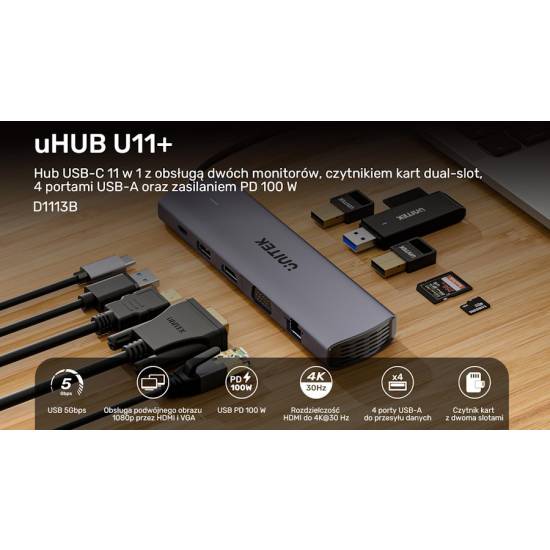 Hub USB-C 11w1 z obsługą dwóch monitorów 4K@30Hz RJ45 PD 100 W SD i microSD Unitek D1113BGY01