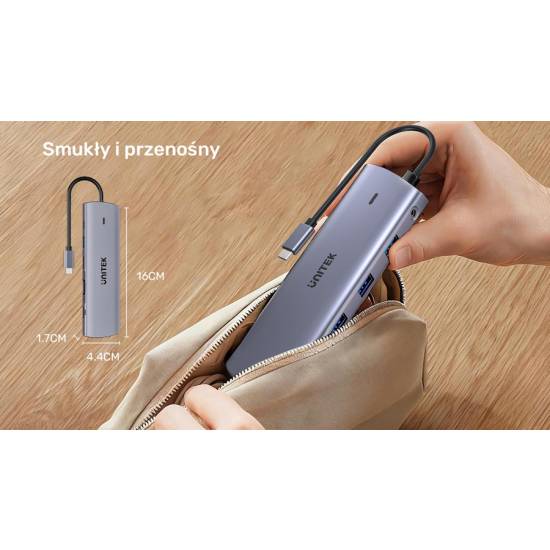 Hub USB-C 11w1 z obsługą dwóch monitorów 4K@30Hz RJ45 PD 100 W SD i microSD Unitek D1113BGY01