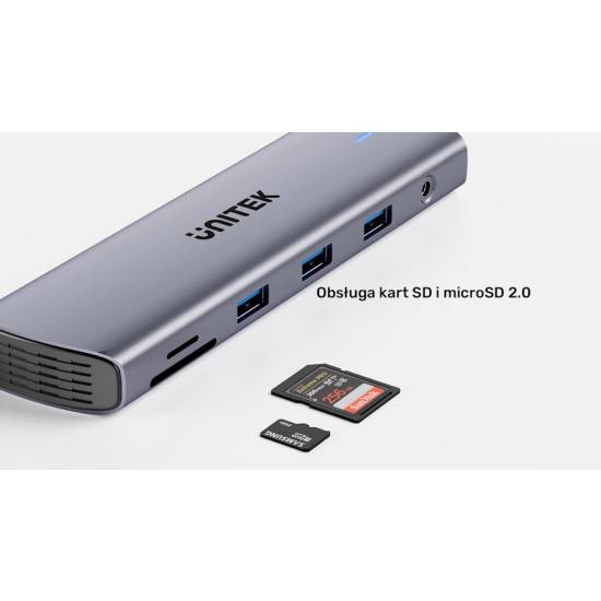 Hub USB-C 11w1 z obsługą dwóch monitorów 4K@30Hz RJ45 PD 100 W SD i microSD Unitek D1113BGY01