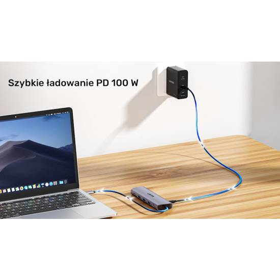 Hub USB-C 11w1 z obsługą dwóch monitorów 4K@30Hz RJ45 PD 100 W SD i microSD Unitek D1113BGY01