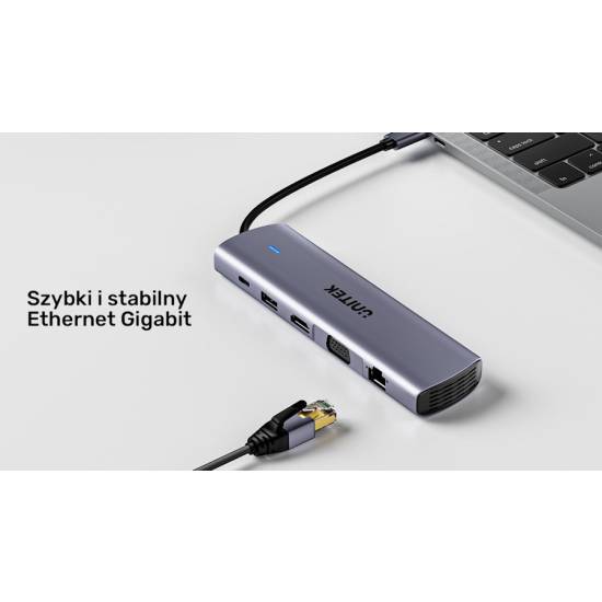 Hub USB-C 11w1 z obsługą dwóch monitorów 4K@30Hz RJ45 PD 100 W SD i microSD Unitek D1113BGY01
