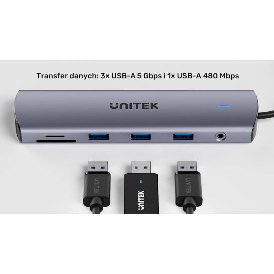 Hub USB-C 11w1 z obsługą dwóch monitorów 4K@30Hz RJ45 PD 100 W SD i microSD Unitek D1113BGY01