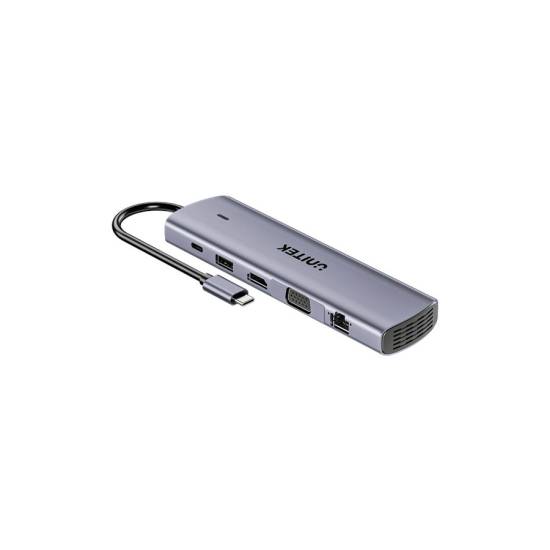 Hub USB-C 11w1 z obsługą dwóch monitorów 4K@30Hz RJ45 PD 100 W SD i microSD Unitek D1113BGY01