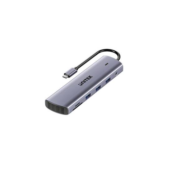 Hub USB-C 11w1 z obsługą dwóch monitorów 4K@30Hz RJ45 PD 100 W SD i microSD Unitek D1113BGY01