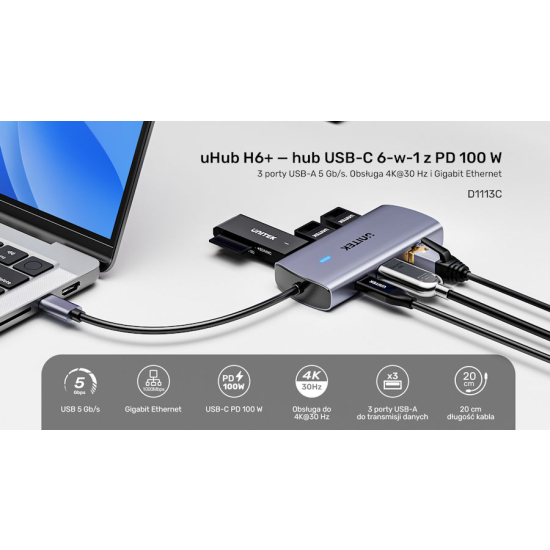 Hub USB-C -> USB 3.1 x3 Gigabit PD 100W HDMI Unitek D1113CGY01