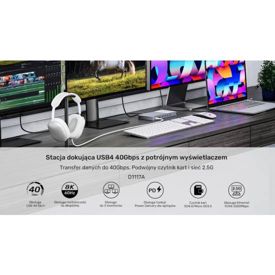 Stacja dokująca USB 4 HDMI x2 RJ45 2,5Gbps PD 85W 40Gbps 8K Unitek D1117AGY01-EU