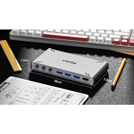 Przełącznik KVM USB-C 10Gbps z HDMI i transferem plików między systemami Unitek D1118AGY01-EU