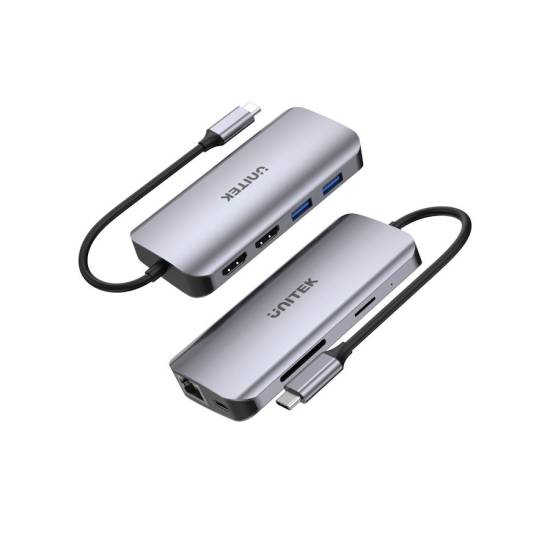 Hub USB-C -> USB 3.2 x2 HDMI x2 RJ45 czytnik SD microSD Unitek D1122A01