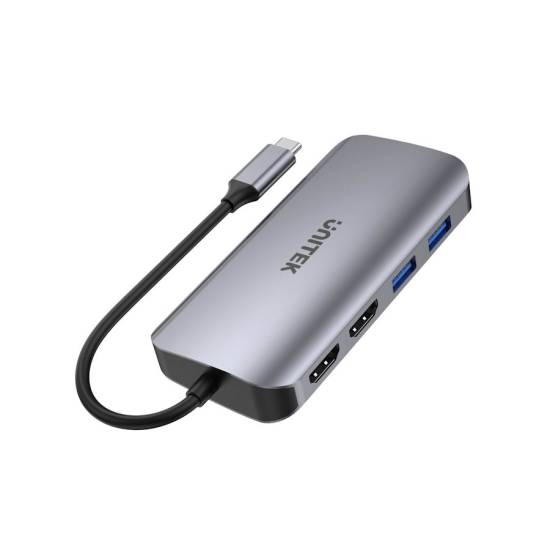 Hub USB-C -> USB 3.2 x2 HDMI x2 RJ45 czytnik SD microSD Unitek D1122A01