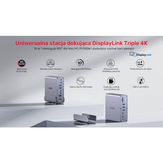 Stacja dokująca USB-C HDMI x2 DP x1 RJ45 PD 100W 10Gbps 4K Unitek D1135AGY01