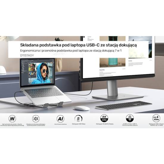 Podstawka pod laptop składana regulowana USB-C HDMI PD 90W micro SD/SD Unitek D1137AGY01