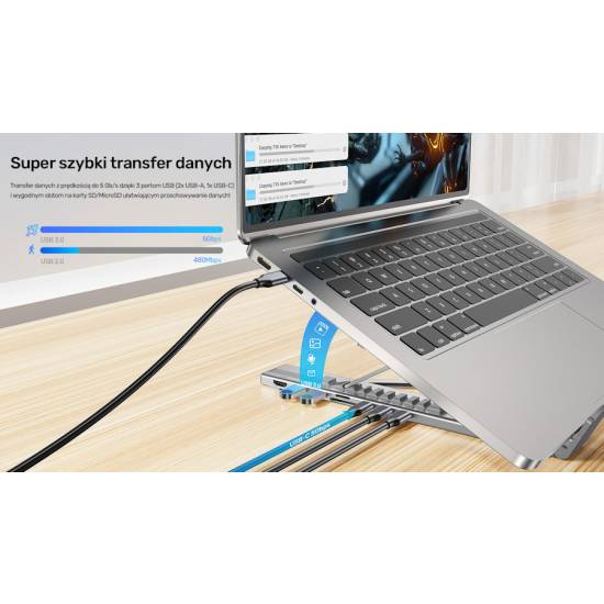 Podstawka pod laptop składana regulowana USB-C HDMI PD 90W micro SD/SD Unitek D1137AGY01