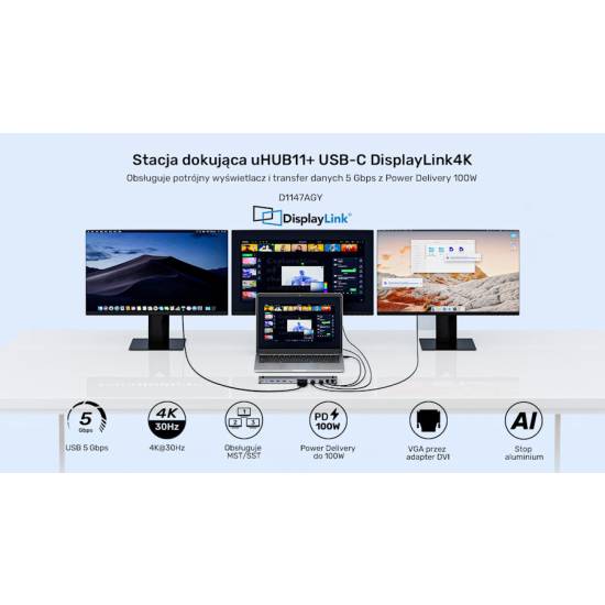 Stacja dokująca multiport USB-C HDMI x2 DVI x1 MST PD 100W Unitek D1147AGY01