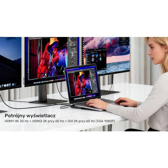 Stacja dokująca multiport USB-C HDMI x2 DVI x1 MST PD 100W Unitek D1147AGY01